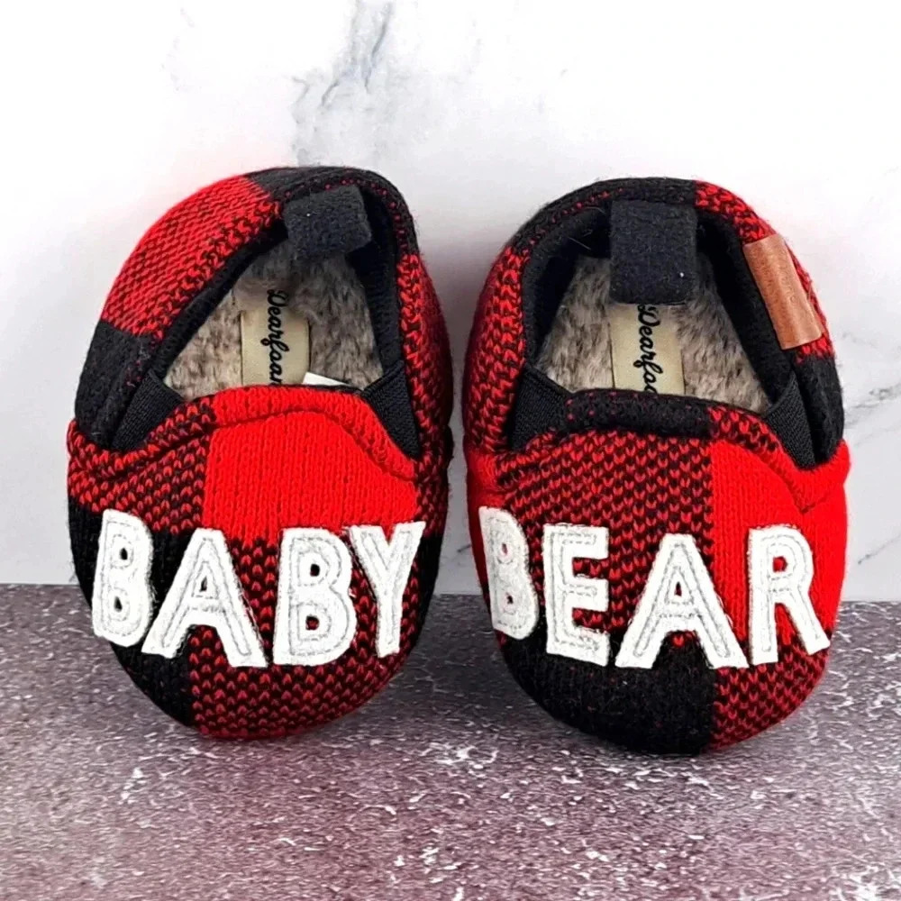 Dearfoams Baby Slippers - BABY BEAR on Buffalo Plaid Black and Red sz 3-6 month